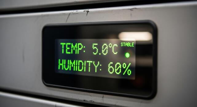 Stable temperature and humidity display provides confidence in logistics and security of controlled environment. digital screen shows precise climate data for monitoring photo