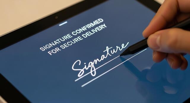 Digital signature on tablet for secure delivery logistics. person signing with stylus shows confidence while confirming transaction for increased security and proof photo