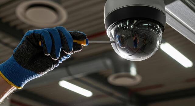 Professional technician with confidence installing dome security camera for building logistics. surveillance equipment improves facility safety and overall security photo