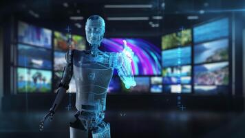un ai robot interactuando con un futurista interfaz de digital pantallas video