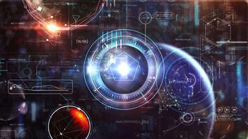 Futuristic HUD displaying Earth and Mars with complex data and metrics video