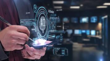 Man using smartphone accessing artificial intelligence chatbot data video