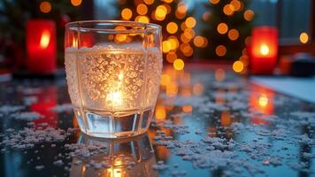 ein Glas von Wasser mit ein Kerze im es auf ein Tabelle video