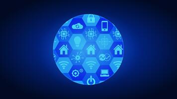 en trogen blå bakgrund animering terar en hexagonal mönster med modern teknologi ikoner. den symboliserar innovation, anslutning, och digital befordran. video