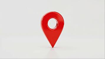 Shiny red map pointer standing on a white surface indicating location and navigation symbolizing direction and modern cartography video