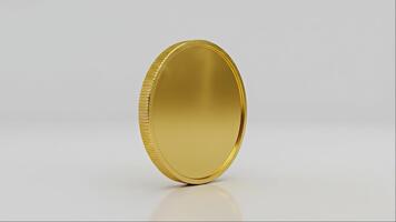 brillante oro moneta in piedi in posizione verticale su un' bianca superficie che rappresentano ricchezza e prosperità nel un' minimalista e elegante ambientazione per financ video