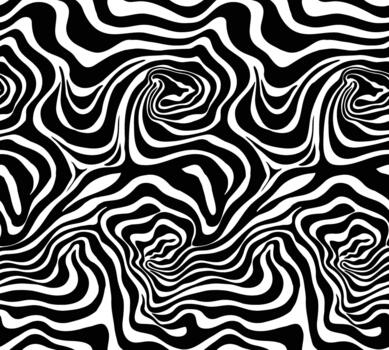 An abstract black and white wavy pattern resembling swirling stripes, dynamic, fluid visual texture. vector