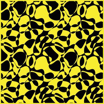 An abstract pattern of black and yellow shapes, featuring fluid, organic forms interspersed with various curves and negative spaces. vector