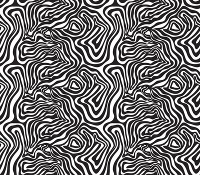 Abstract black and white pattern of wavy lines forming organic shapes and textures, creating a dynamic visual flow. vector