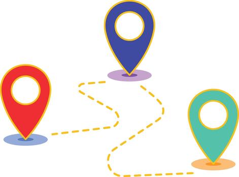 Red blue and teal map pins connected by dashed yellow line location navigation vector