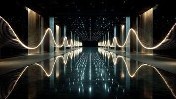 trogen neonbelyst korridor med böljande Vinka mönster reflekterande på en glansig golv under en starry tomhet, frammanande sci-fi nedsänkning. video