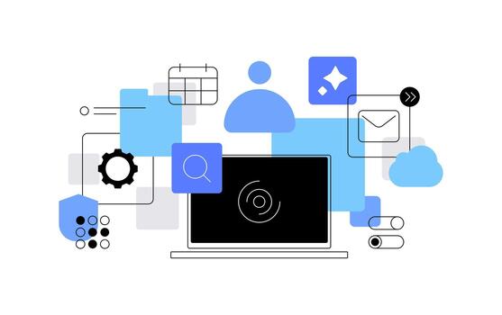 Personal computer. Prefessional tasks and tools. Flat illustration vector