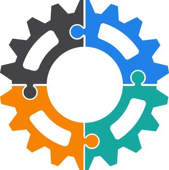 Illustration of four interlocking gear puzzle pieces forming a circular system, representing teamwork, workflow integration, problem-solving, process synergy and organizational collaboration. vector