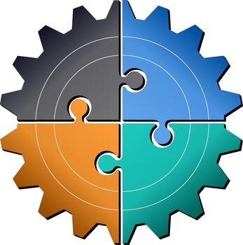 Four interlocking puzzle gear segments forming a unified mechanism, symbolizing teamwork, process integration, strategic collaboration, and efficient organizational workflow. vector