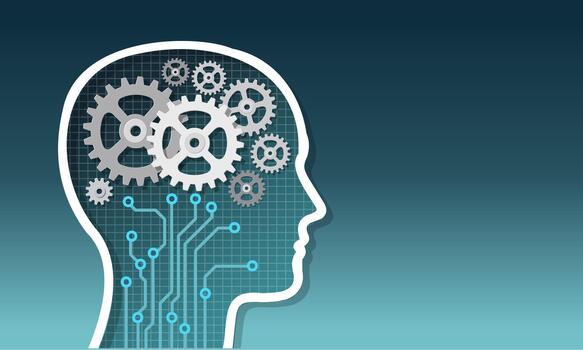 Illustration of a human head with gears and circuit lines representing artificial intelligence, machine learning, and the integration of human thinking with digital technology and automation. vector
