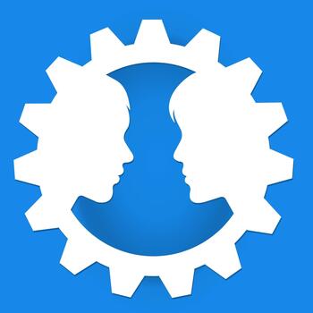 Creative concept showing two human faces within a gear shape on blue background, representing teamwork, communication, innovation, and collaboration in engineering or business environments. vector