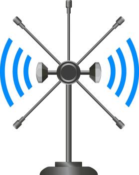 Illustration of an omni-directional antenna emitting wireless signals in all directions, representing connectivity, network coverage, RF communication, and modern wireless technology. vector