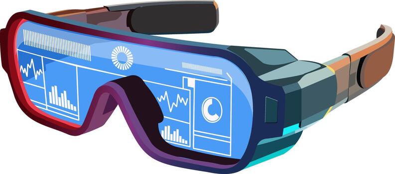 Illustration of AR smart goggles with digital HUD visuals showing charts and analytics, symbolizing wearable technology, immersive interfaces, and augmented reality innovation. vector