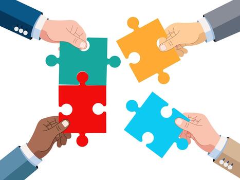 Illustration of diverse hands assembling colorful puzzle pieces, symbolizing teamwork, unity, partnership, cooperation, and problem-solving in business and organizational collaboration concepts. vector