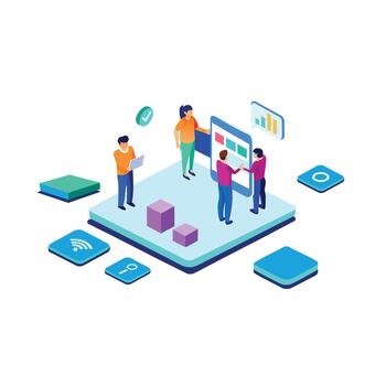 equipo colaborando en un digital proyecto utilizando moderno tecnología y datos visualización herramientas vector