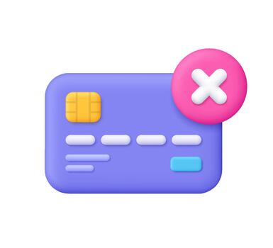 Purple credit card with white cancel or delete symbol on pink circle button. Finance, banking, declined payment, transaction error and card removal concept. 3d icon. Cartoon minimal style. vector