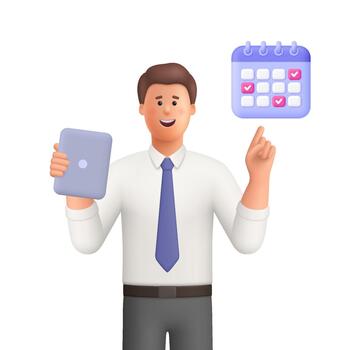 Young smiling businessman Ted holding tablet and pointing at calendar. Business planning, scheduling, time management and productivity concept. 3d people character. Cartoon minimal style. vector
