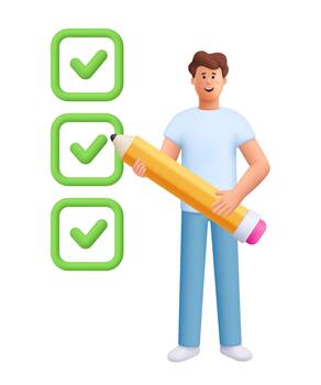Young smiling man James doing checklist with pencil. Planning, productivity, task completion and project management concept. 3d people character. Cartoon minimal style. vector
