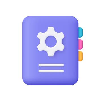 Purple book with white gear on cover. Settings or configuration manual, rules guideline or user manual book. Settings, instruction and support concept. 3d icon. Cartoon minimal style. vector