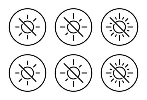 Brightness off icon set in circular outline. Sun line with slash symbol. Light disable sign vector