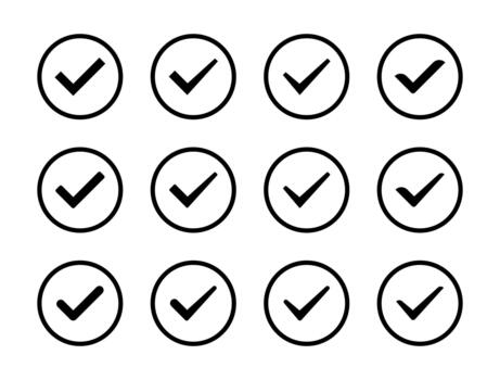 Check mark icon set collection in circular outline. Tick and approval symbol. Checkmark and success sign vector