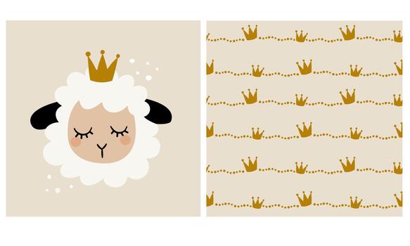 un conjunto de ilustraciones para impresión en para niños productos sin costura modelo con coronas y un linda ovejas cara con un corona en un beige antecedentes. vector