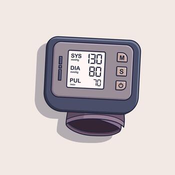 Illustration of a compact wrist sphygmomanometer with digital blood pressure display showing systolic, diastolic, and pulse readings for easy daily health monitoring vector