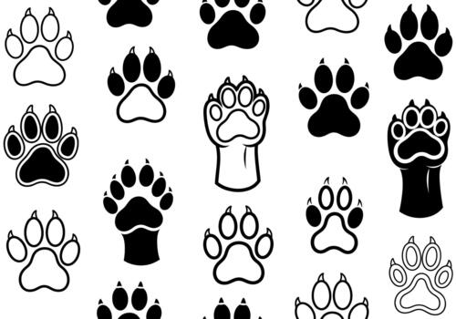 sin costura negro perro pata patrón, dibujado a mano pata íconos en variado estilos con negrita contornos y sólido llena en blanco fondo, Perfecto para mascota marca, pegatinas, y web diseño elementos vector