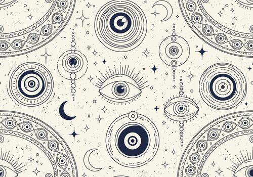 Seamless Evil Eye Pattern, Hand-Drawn Intricate Circular Talismans and Amulets with Lashes, Moons, Sparkles, and Dots in Monochrome Black on White or Navy on Cream, Mystical and Elegant Design vector