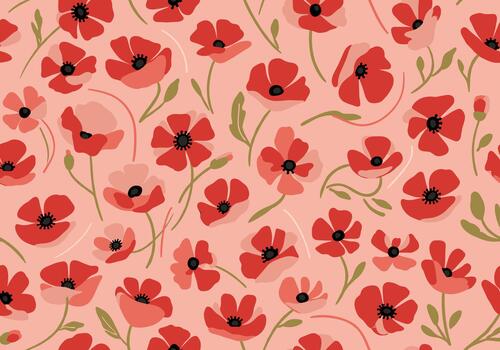 Seamless Elegant Red Poppy Pattern, Hand-Drawn Flowing Petals with Thin Green Stems on Soft Pink Background, Delicate Sketchy Linework for Romantic Prints, vector