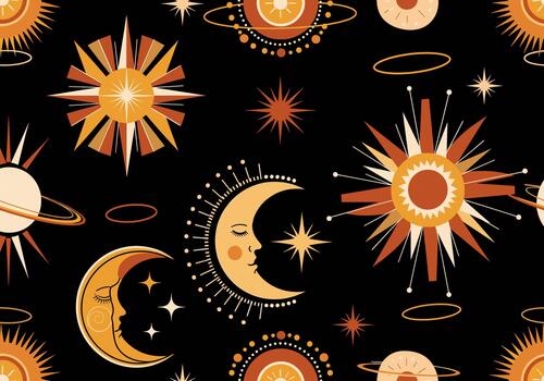 Seamless Sun and Moon Pattern, Hand-Drawn Abstract Celestial Motifs with Geometric Rays, Crescent Moons, and Starbursts in Ochre, Rust, Cream, and Muted Orange on Black Background vector