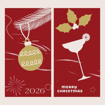 Abstract New Year and Christmas cards in red with a glass and a slice of lime, a branch of a fir tree and a Christmas tree toy. vector