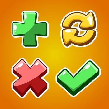 Cartoon Game UI Icons Glossy Check Mark, Cross, Plus, and Reload Buttons for Game Assets and Interface vector