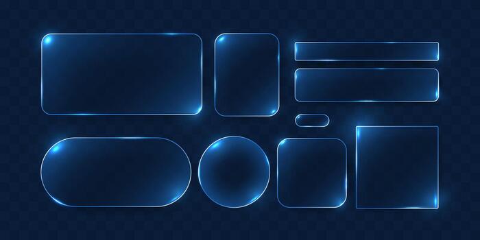A set of frames with glass effects with shining edges and highlights. Blue, translucent geometric shapes. Elements for designing user interfaces, websites. vector