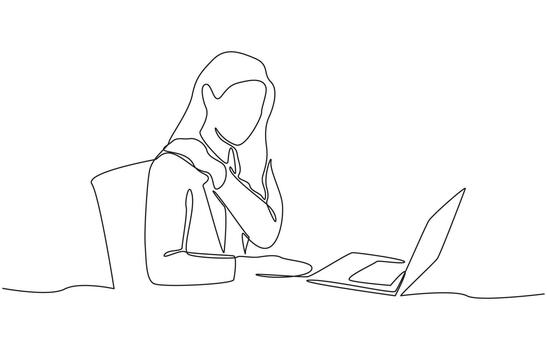 Continuous one line drawing of woman massaging shoulder to relieve pain from office syndrome, symbolizing physical stress from working in front of computer for long periods of time, single line art. vector
