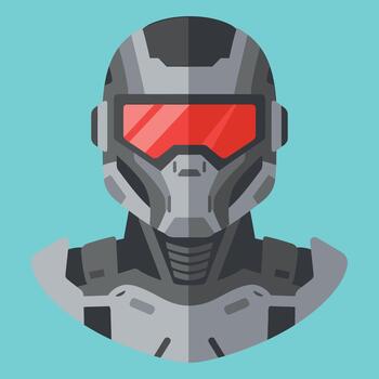 Futuristic soldier helmet illustration in flat design, featuring a high-tech combat visor and armored plating in gray and red tones. vector
