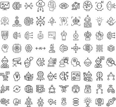Artificial intelligence line icons set containing computer brain cloud network and robot symbolizing modern ai technology development vector