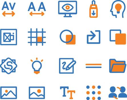 Graphic design elements in blue and orange providing diverse range of creative tools for projects with icons and symbols vector