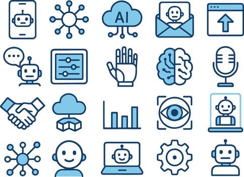 colección de moderno artificial inteligencia íconos con robot mano cerebro nube mano sacudir y humano íconos para ai soluciones y automatización vector