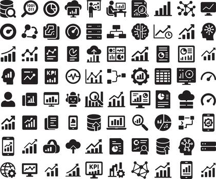 Business data analysis and investment strategy icons set for financial reporting and planning in modern marketing and data science vector