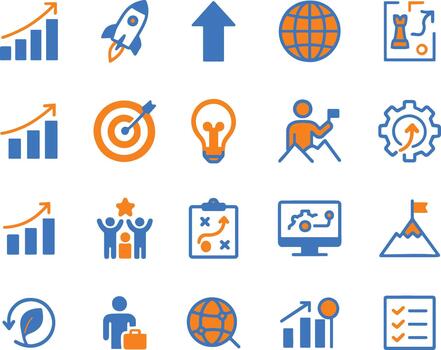 Successful business and financial planning growth with targeting strategy flat icon set for presentation website print media resource vector