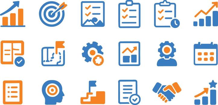 Target icons management with scheduling and business planning to represent workflow progress investment and finance in blue and orange vector