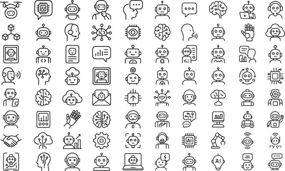 Robotics and artificial intelligence linear icon set with robot face head hand connection and cloud system elements for ai solutions vector