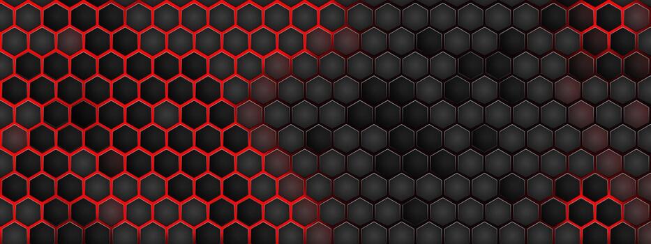 Red hexagon honeycomb on black metal backdrop with neon texture. Cyberpunk pattern features glowing mesh, steel geometric elements, futuristic grid background for digital wallpaper vector