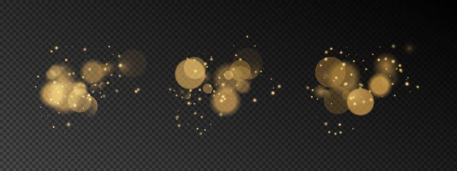 Light golden background. Grouped bokeh lights, specks, stars, sparkles arranged as set. glitter effect. Design for new year graphics. Used in festive illustration. vector